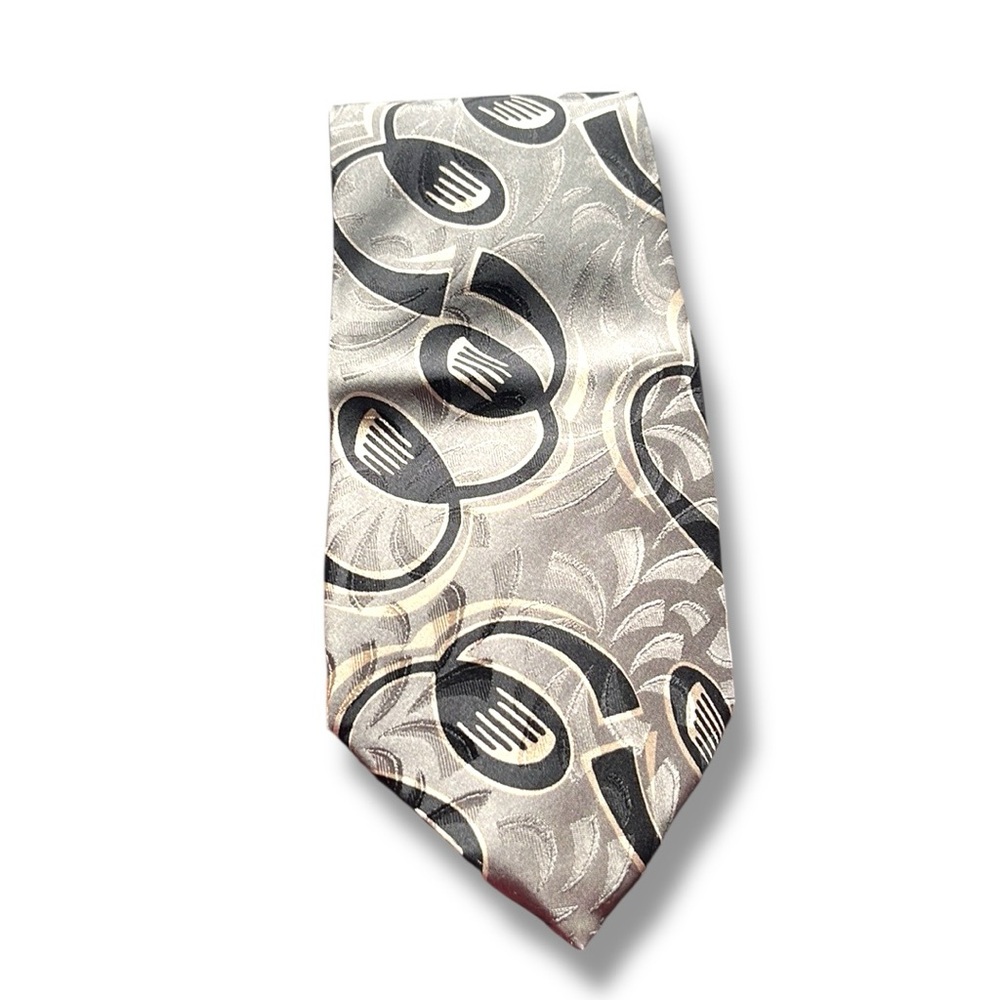 Swing Vintage Men's Silk Tie Abstract Line Print Silver Black Necktie